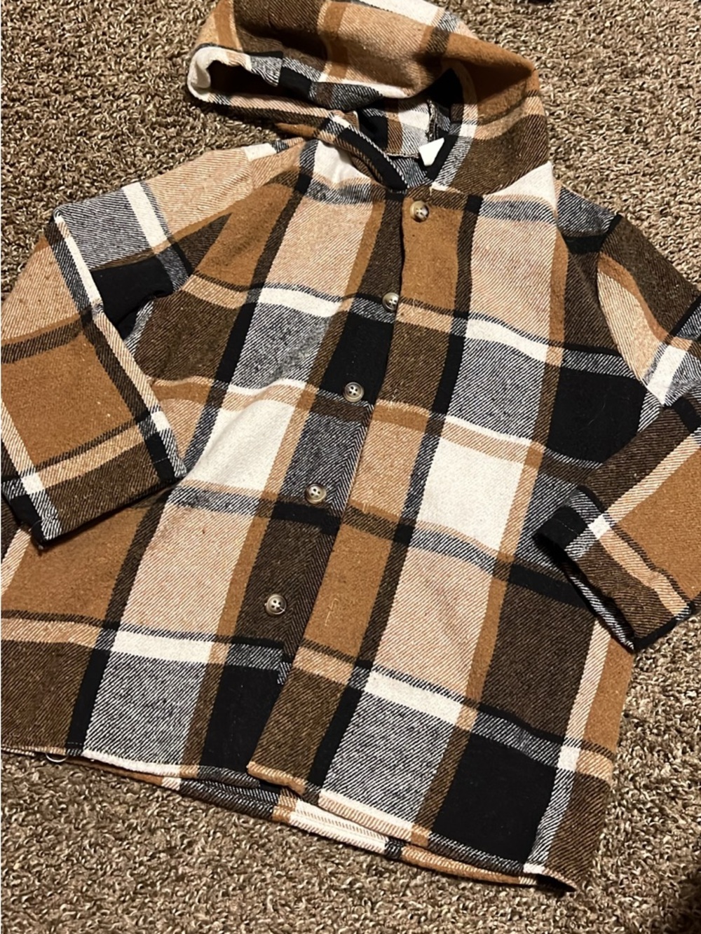 SHEIN Brown Black Cream Plaid Hooded Button Fabric Jacket - Kids
